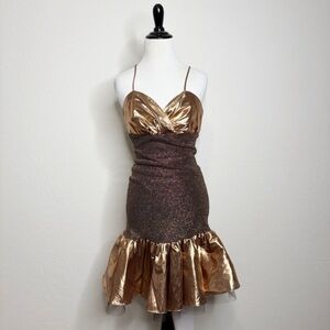 New Leaf Vintage Bronze Gold Metallic Formal Party Prom Dress Size 9/10 Retro